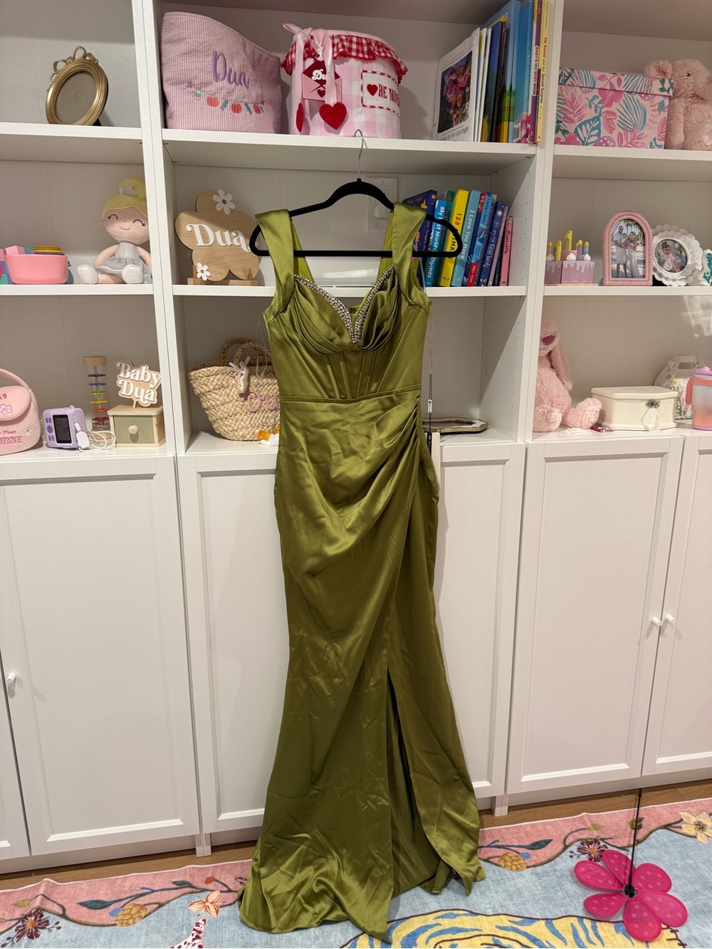 Brand new with Tags! Olive Green Satin Evening Gown with Embellished Neckline